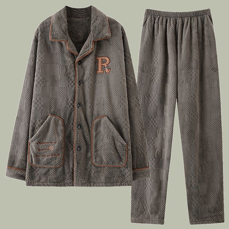 珊瑚绒睡衣男士秋冬季加厚保暖法兰绒翻领简约中年冬天家居服套装
