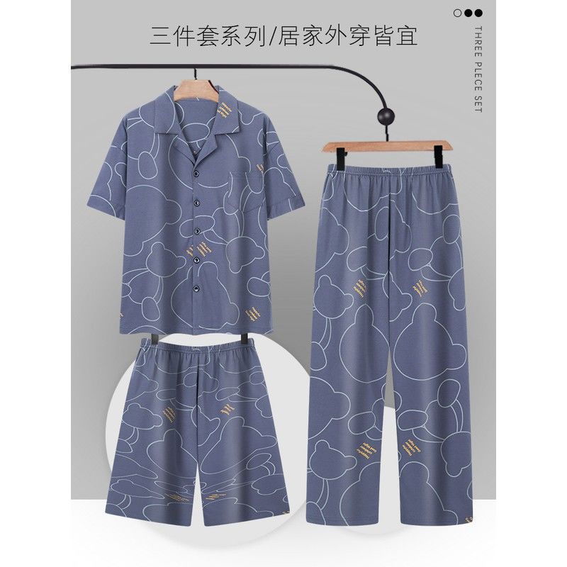 100 纯棉睡衣男款夏季短袖长裤青少年男士薄款家居服三件套可外穿