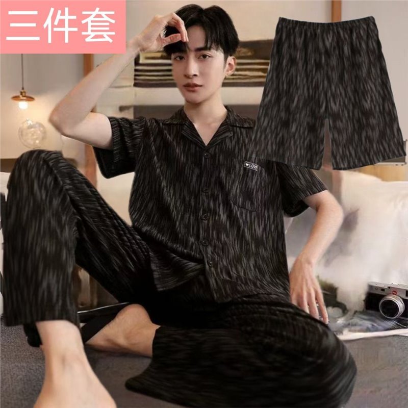 夏季睡衣男纯棉三件套短袖短裤长裤夏天薄款可外穿休闲家居服