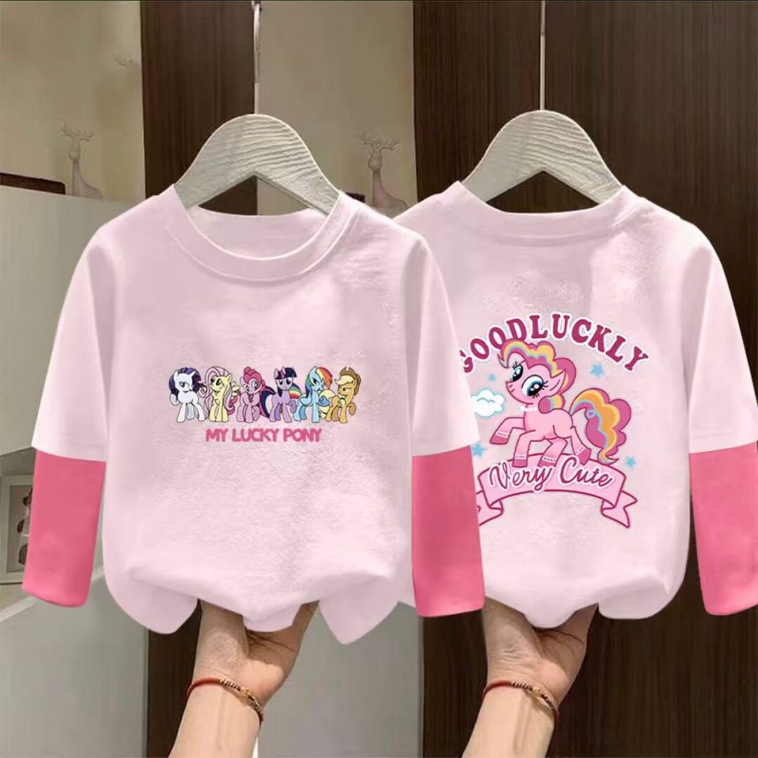 纯棉女童假两件长袖T恤宝宝上衣打底春秋2025新款圆领薄款中小童