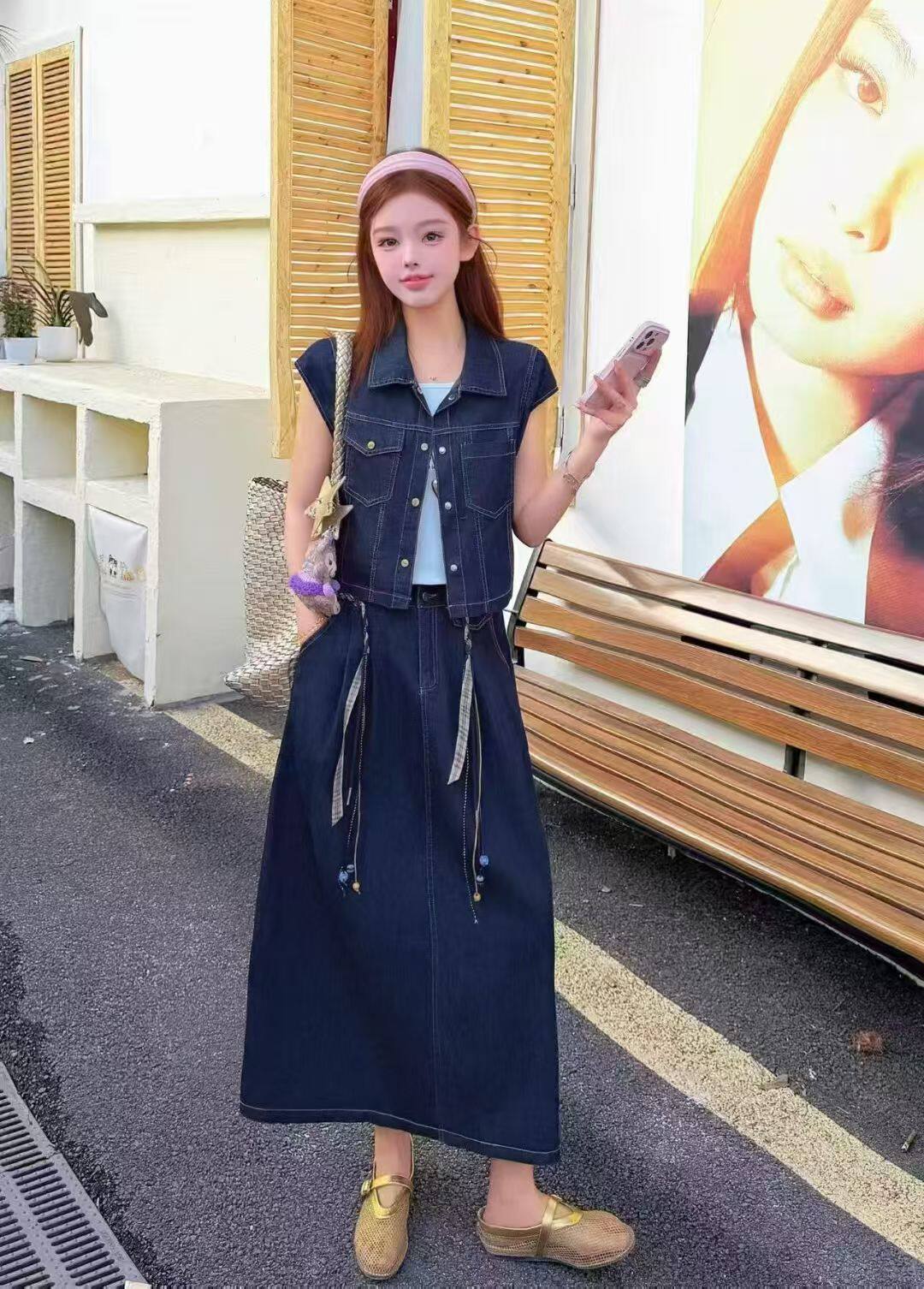 蓝色牛仔短袖外套抽绳半身长裙套装女夏新款休闲运动风显瘦两件套