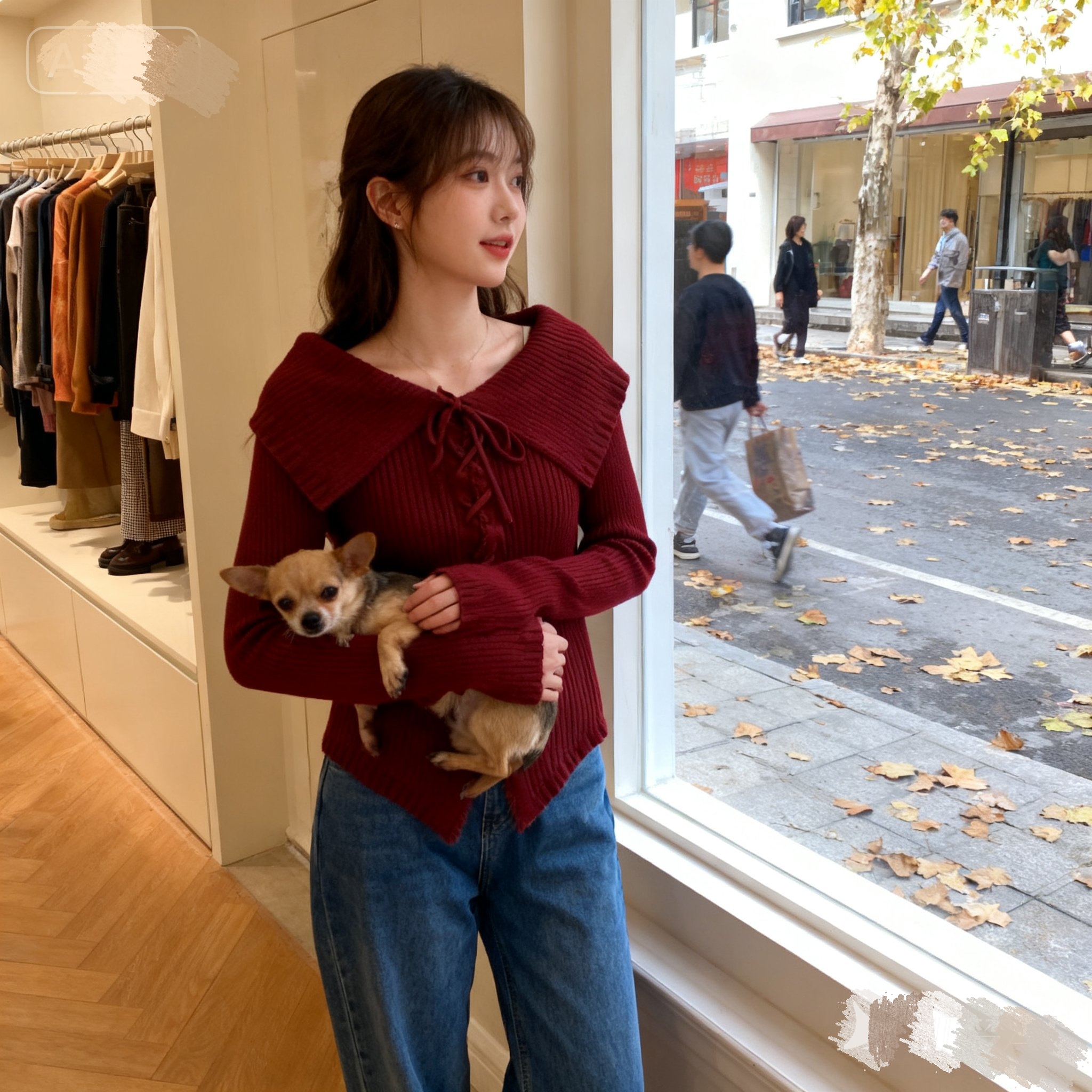 2025春秋款时尚设计感复古辣妹抽绳娃娃领针织衫时尚毛衣上衣女