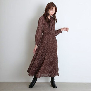 s家前飘带蝴蝶结领波点印花雪纺长袖百褶连衣裙