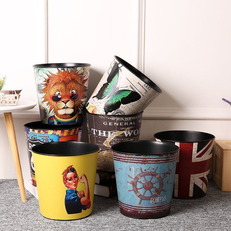 复古大容量铁艺垃圾桶商用卫生间客厅家用美式酒吧创意大号收纳桶