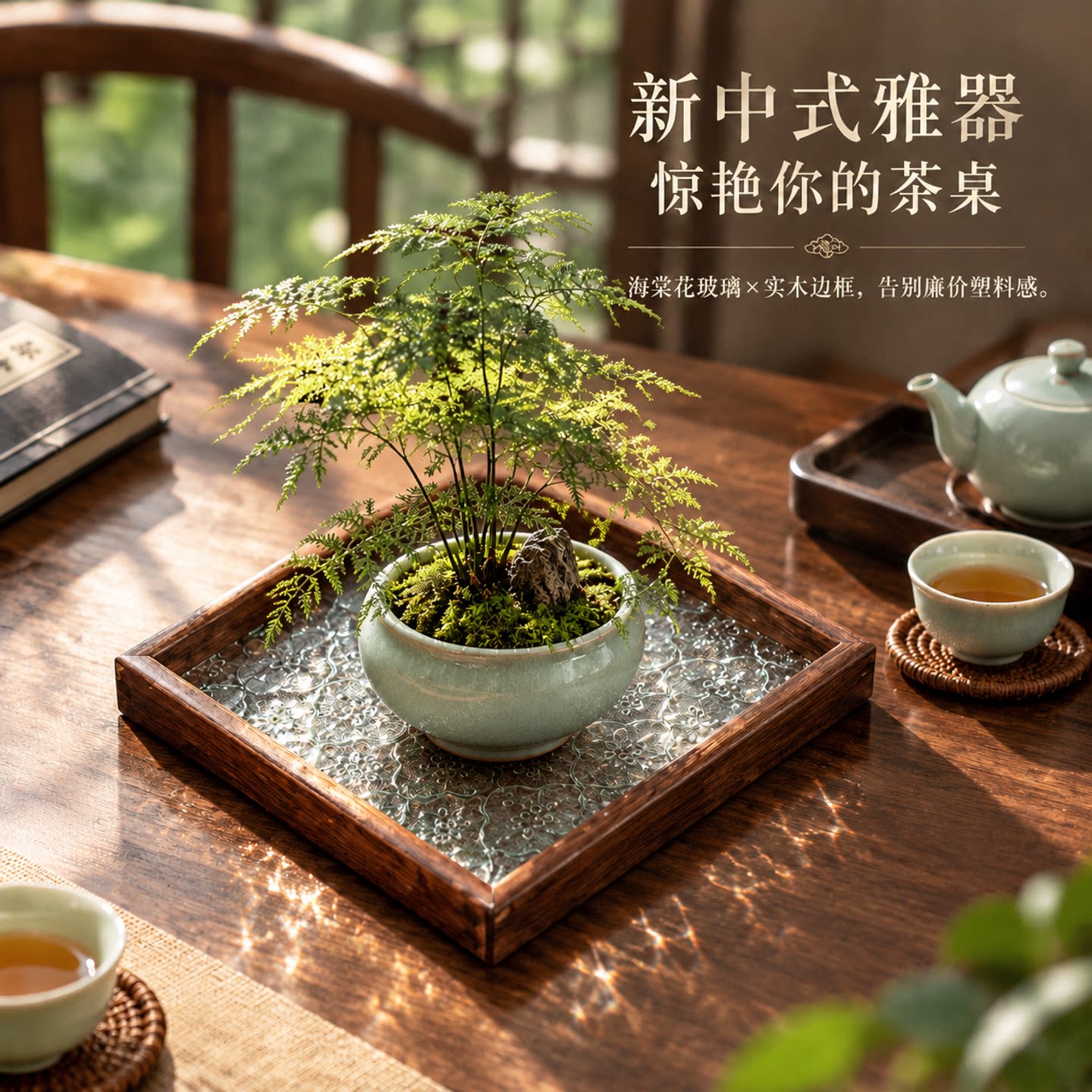 中式花盆垫底托盘茶桌禅意海棠花玻璃盆栽底垫盘子桌面花托底座盘