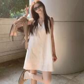 极简风V领宽松慵懒无袖 韩系背心连衣裙女夏季 新款 直筒短裙子潮ins