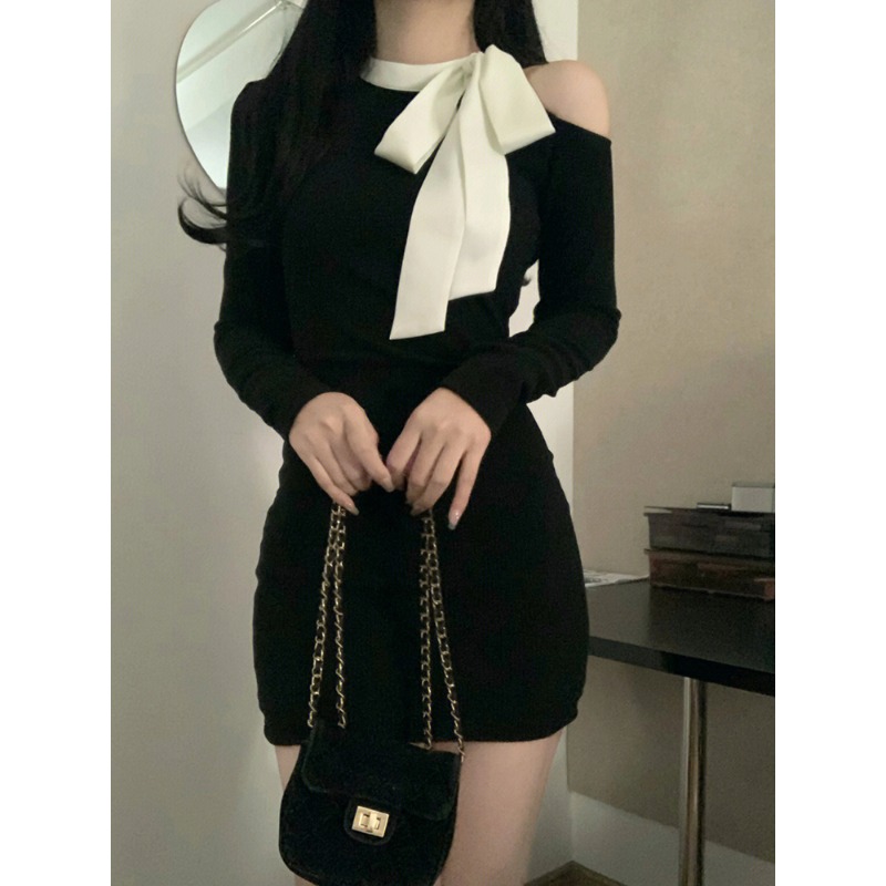 御姐风短裙包臀裙系带镂空露肩