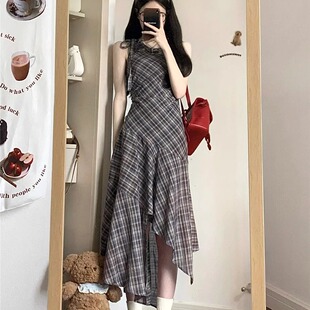 新款 不规则格子背心连衣裙子女夏季 小个子气质度假风长裙 无袖 法式
