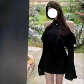 黑色挂脖荷叶边喇叭袖 收腰显瘦A字短裙 韩版 露肩衬衫 连衣裙女秋季