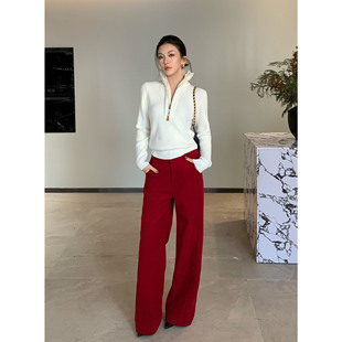 高腰气质阔腿裤 JIJINQI秋冬显瘦百搭红色新年休闲裤 设计感直筒裤