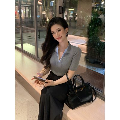 JIJINQI时尚复古老钱风简约翻领小衫内搭打底上衣JE01SMPT2106