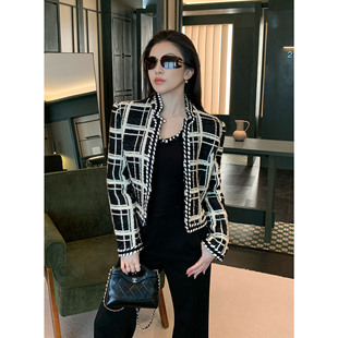 JIJINQI小立领秋冬气质针织长袖外套短款又酷又飒小香风拼色外套