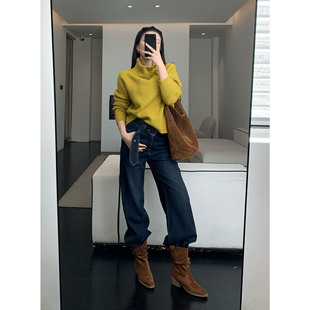 JIJINQI秋冬复古百搭微喇牛仔裤 宽松显瘦搭配上衣 加绒开叉直筒裤
