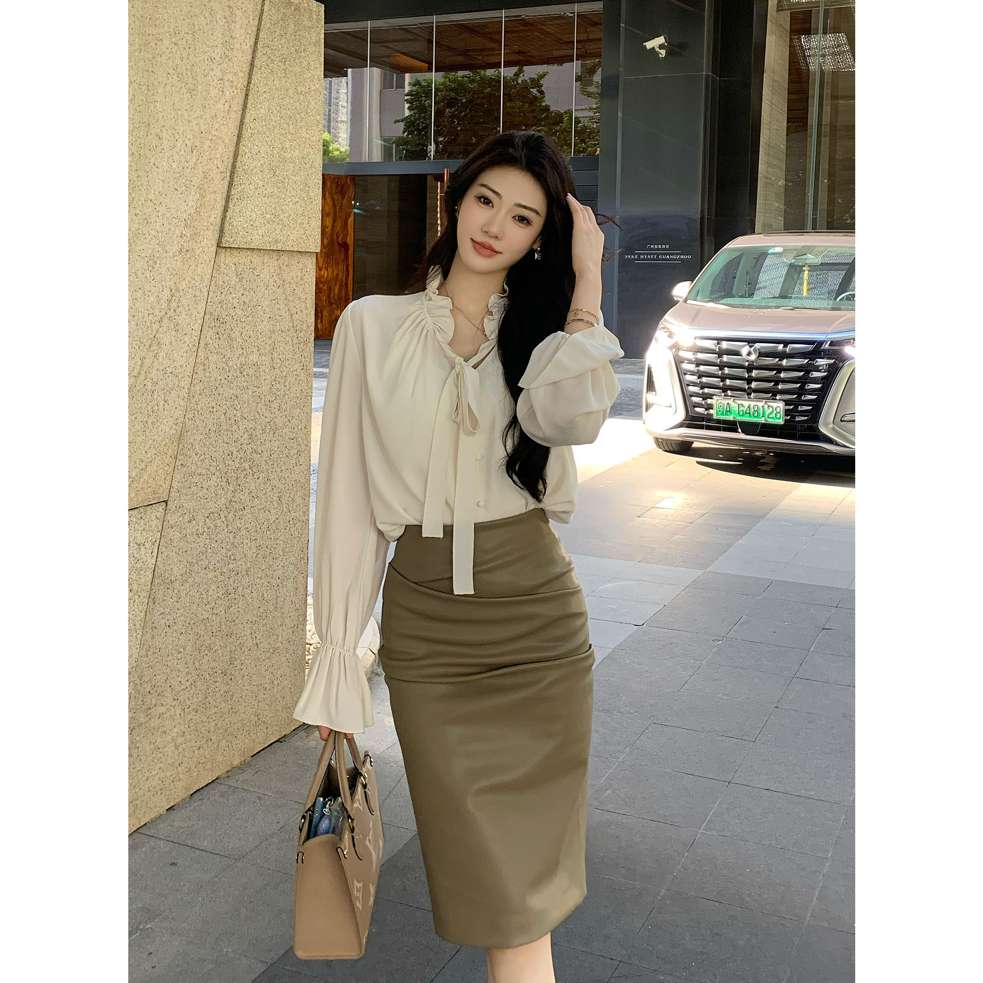 纪金其韩系梭织气质高级感长袖上衣女时髦御姐轻奢极简宽松衬衫