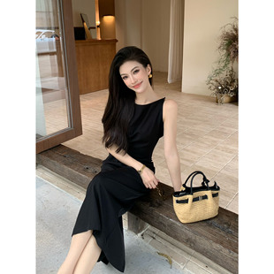 JIJINQI夏季圆领露肩吊带连衣裙露背黑色后开叉显瘦法式赫本长裙