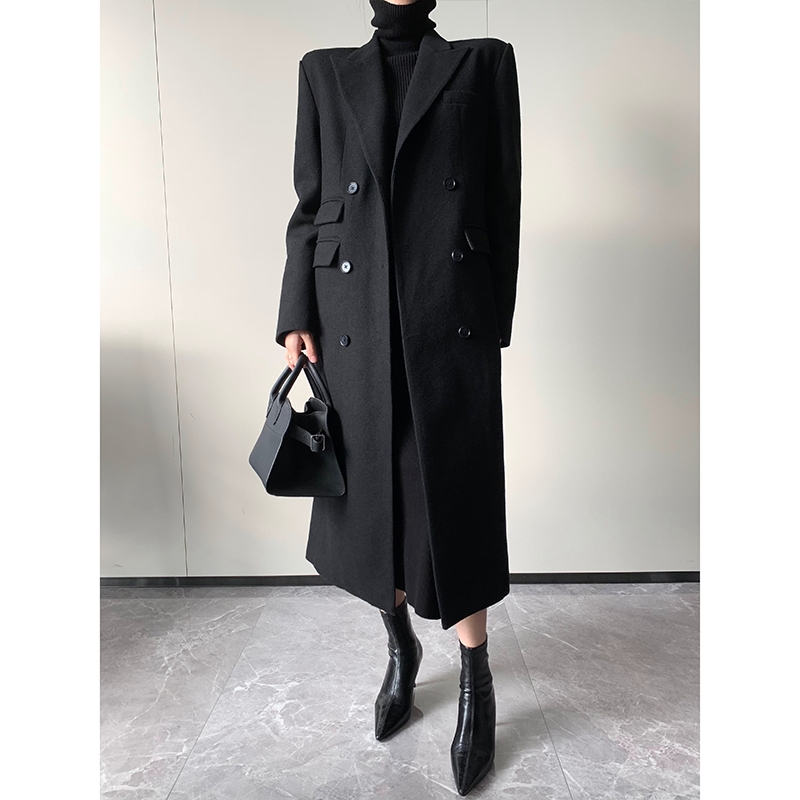 【限时福利款】纪金其秋冬季黑色毛呢中长款过膝风衣韩羊毛大衣女