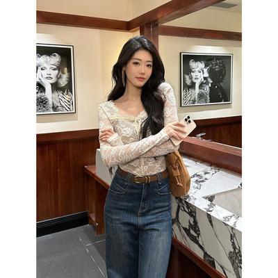 JIJINQI秋冬v领飘带长袖蕾丝上衣