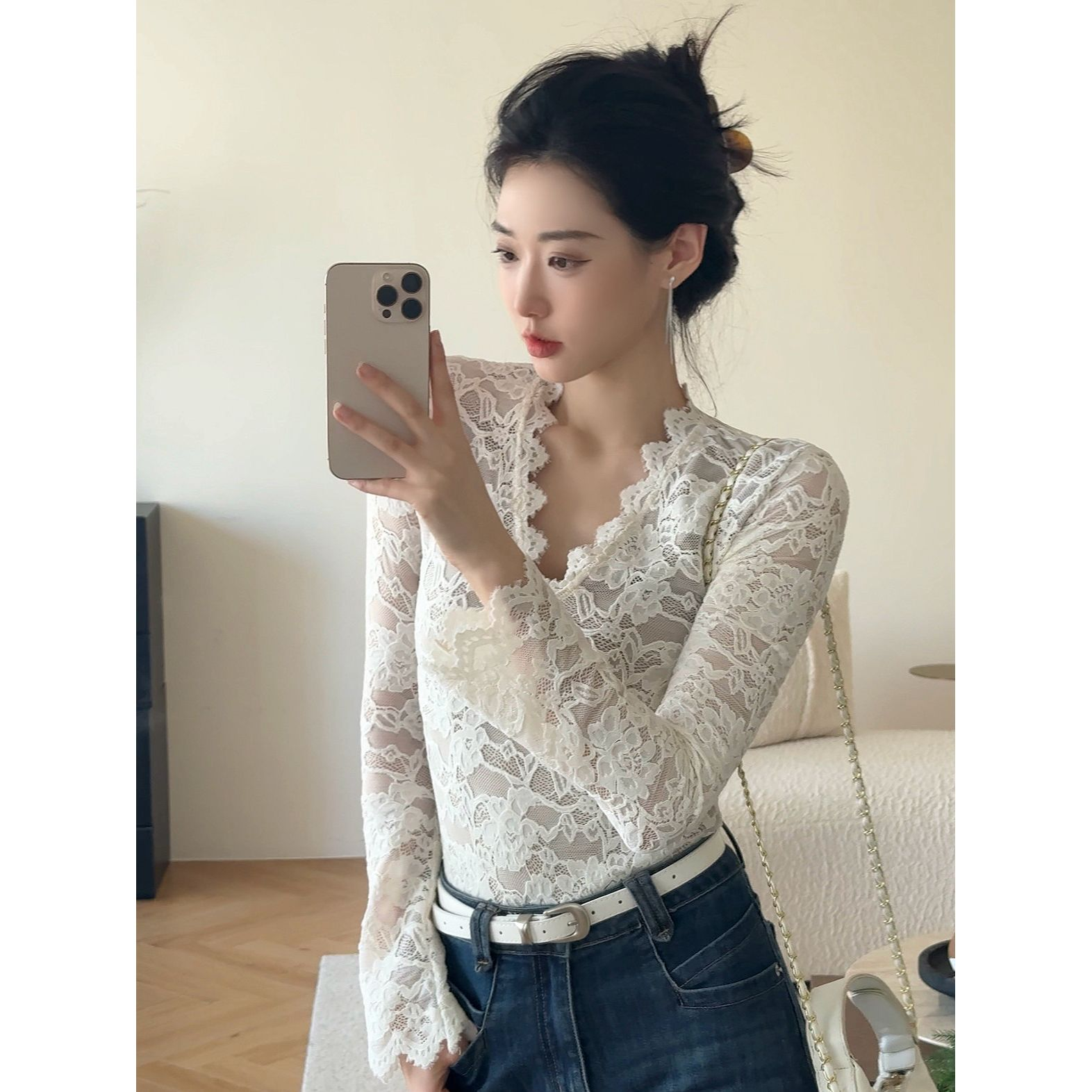 JIJINQI秋冬长袖v领百搭上衣蕾丝