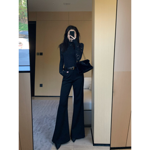 JIJINQI黑色气质百搭微喇休闲裤高腰显瘦超模裤设计感直筒阔腿裤