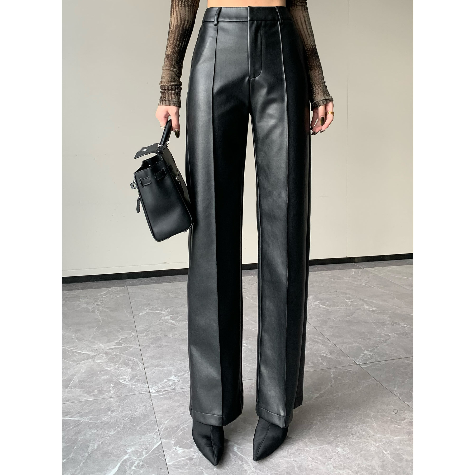 纪金其 显瘦高腰直筒时尚休闲裤气质垂感直筒皮裤2025女秋季新款,女装/女士精品,休闲裤,淘宝优惠券,粉丝福利购,淘宝优惠卷