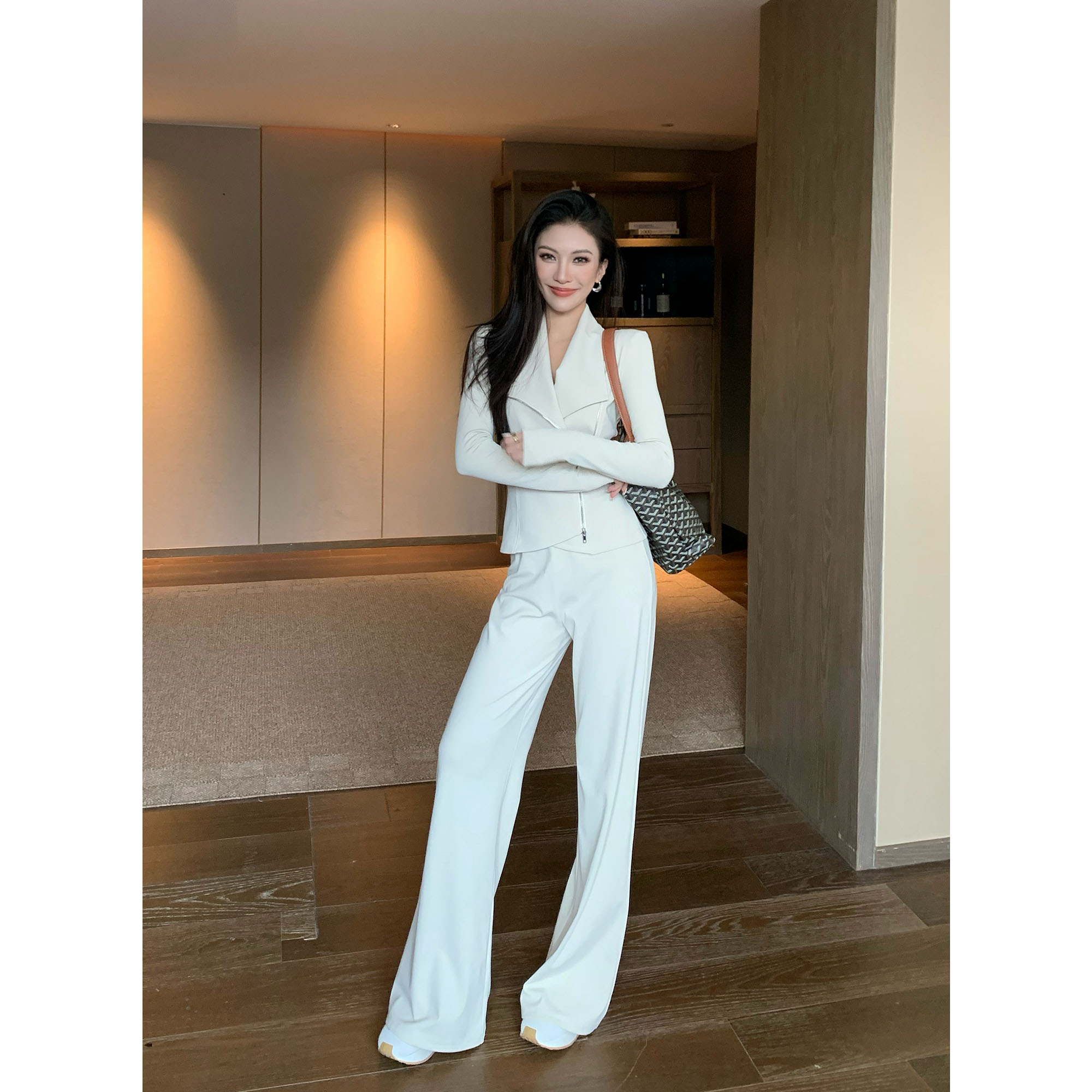 JIJINQI秋季长袖翻领上衣+休闲裤时尚套装休闲套装百搭显瘦气质女