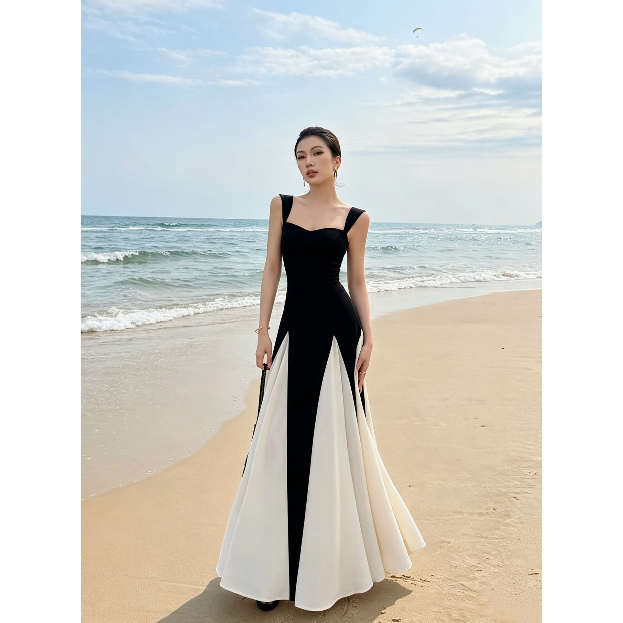 JIJINQI夏季拼色无袖露肩连衣裙收腰撞色显瘦修身气质百搭女长裙