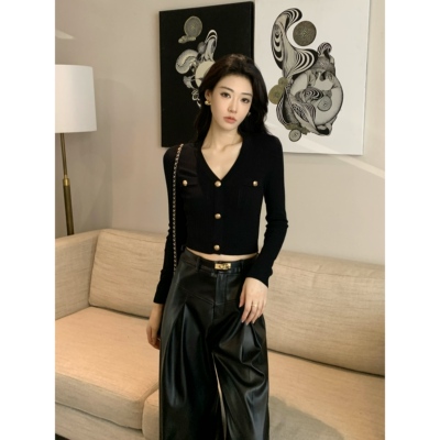 JIJINQI秋冬时尚长袖黑色v领上衣