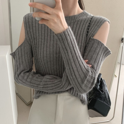 Temperament 3-color off shoulder design round neck versatile show thin pit stripe slim fit long sleeve Knitted Top