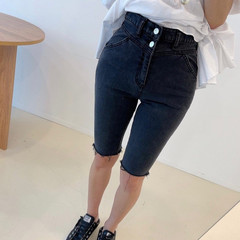 High waisted washed black grain button jeans with thin and rough edge