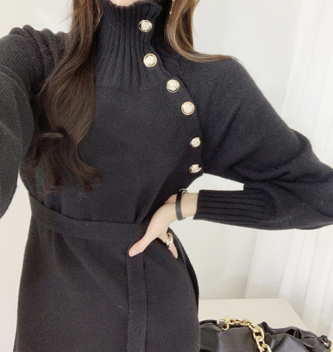 Oblique placket gold button design lace up high neck thread knitted dress
