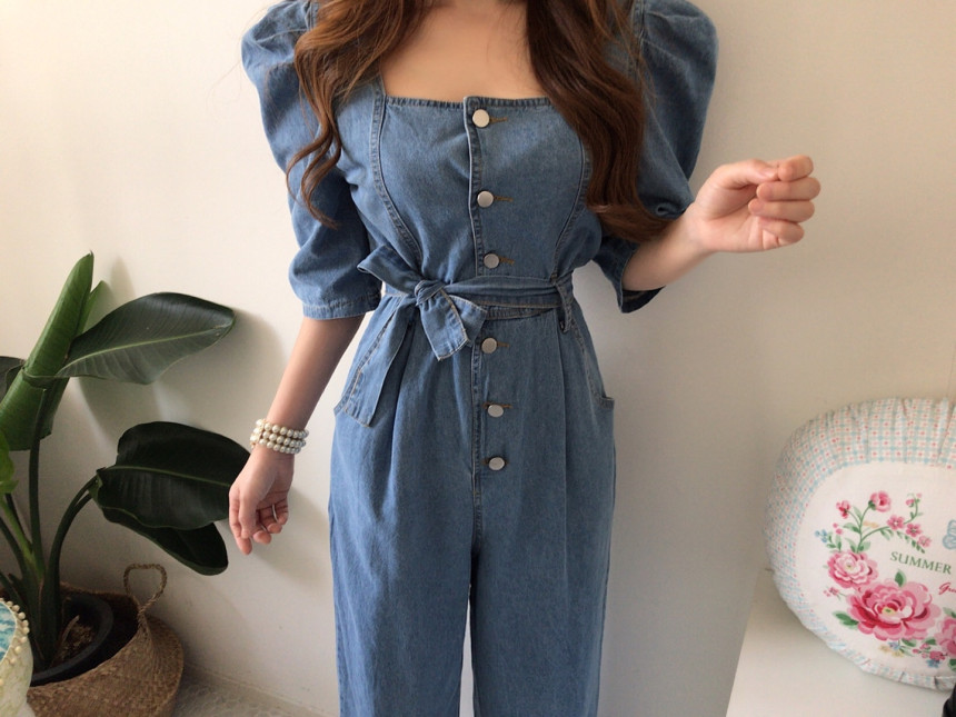 Square collar breasted high waist belt straight denim Jumpsuit