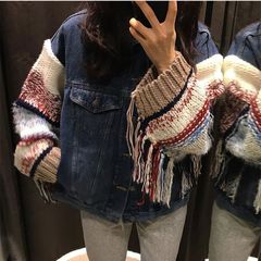 Korean autumn and winter new fashion stitching hand knitted sleeve cardigan denim coat