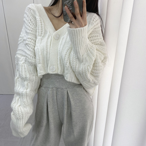 Early spring neck thick stick needle twist thread short knitted cardigan