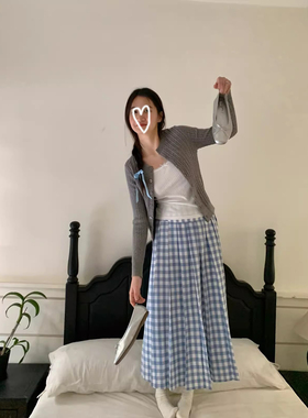 【海岛日记】TRYOLO自制蓝白格纹半身裙女 显瘦a字裙长裙伞裙子春