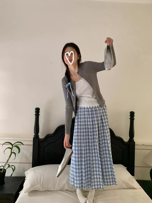 【海岛日记】TRYOLO自制蓝白格纹半身裙女 显瘦a字裙长裙伞裙子春