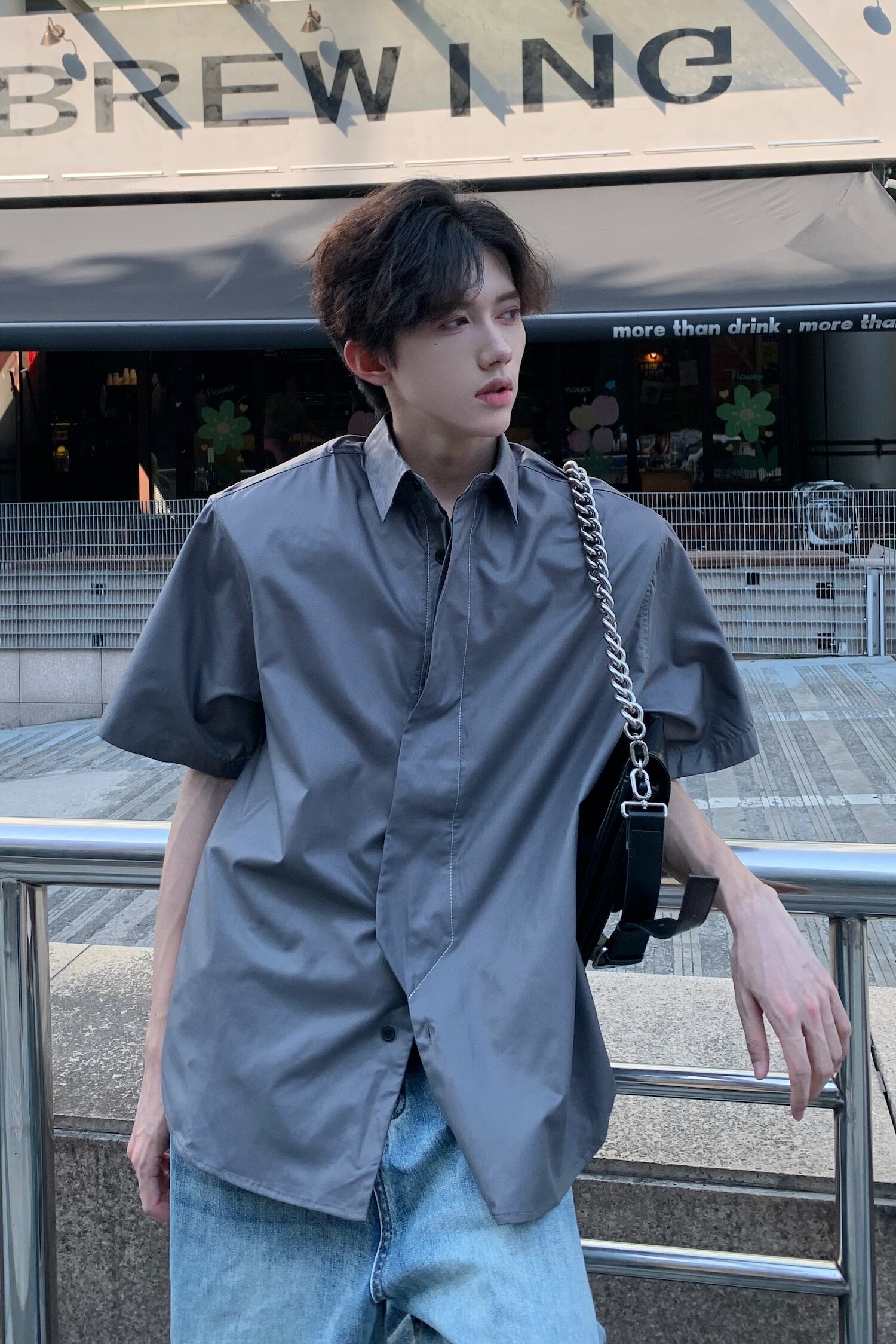 C316CS11167P58夏装新款短袖衬衫科技感时尚衬衣银灰色男百搭,男装T恤,电商C316