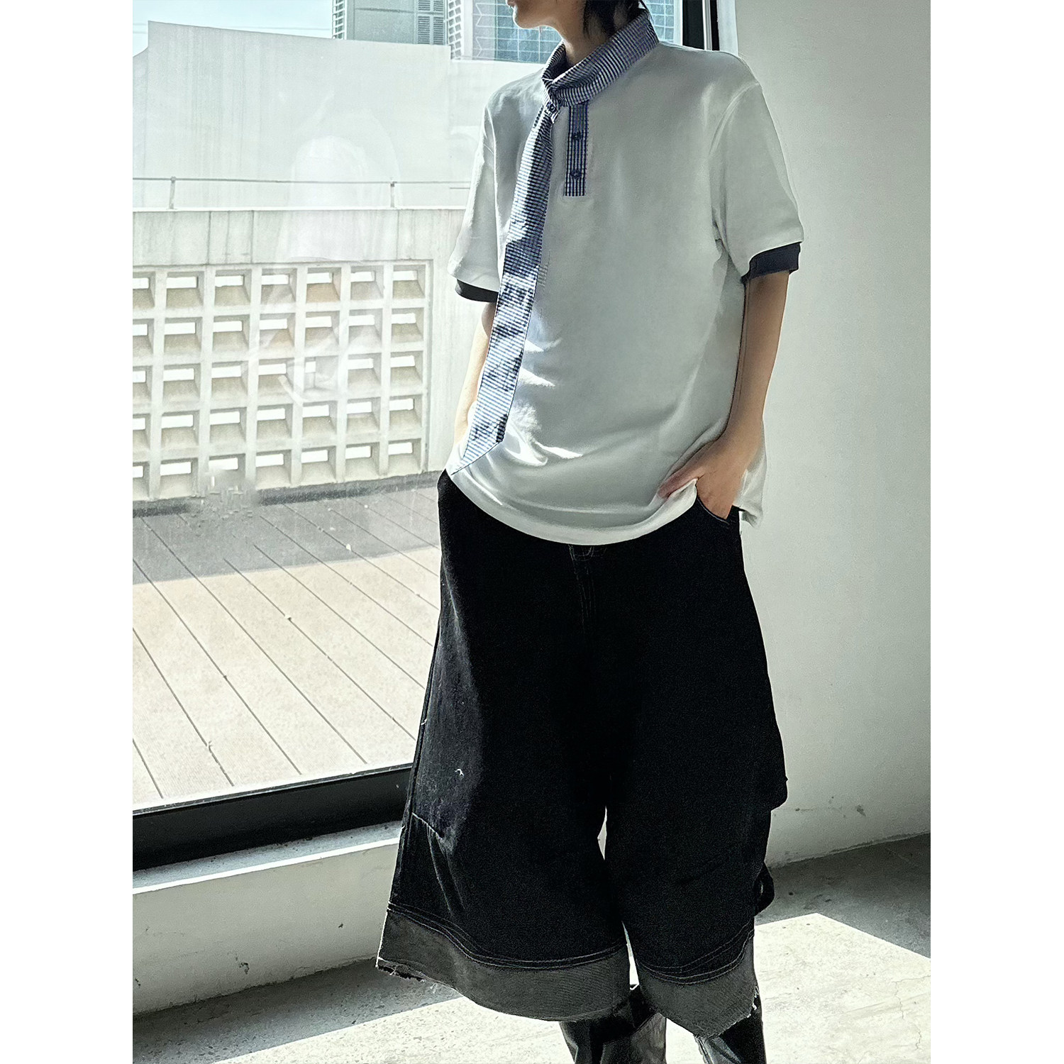 C316T8136P48夏装新款时尚百搭短袖拼接白色蓝色衬衫领假两件,男装T恤,电商C316