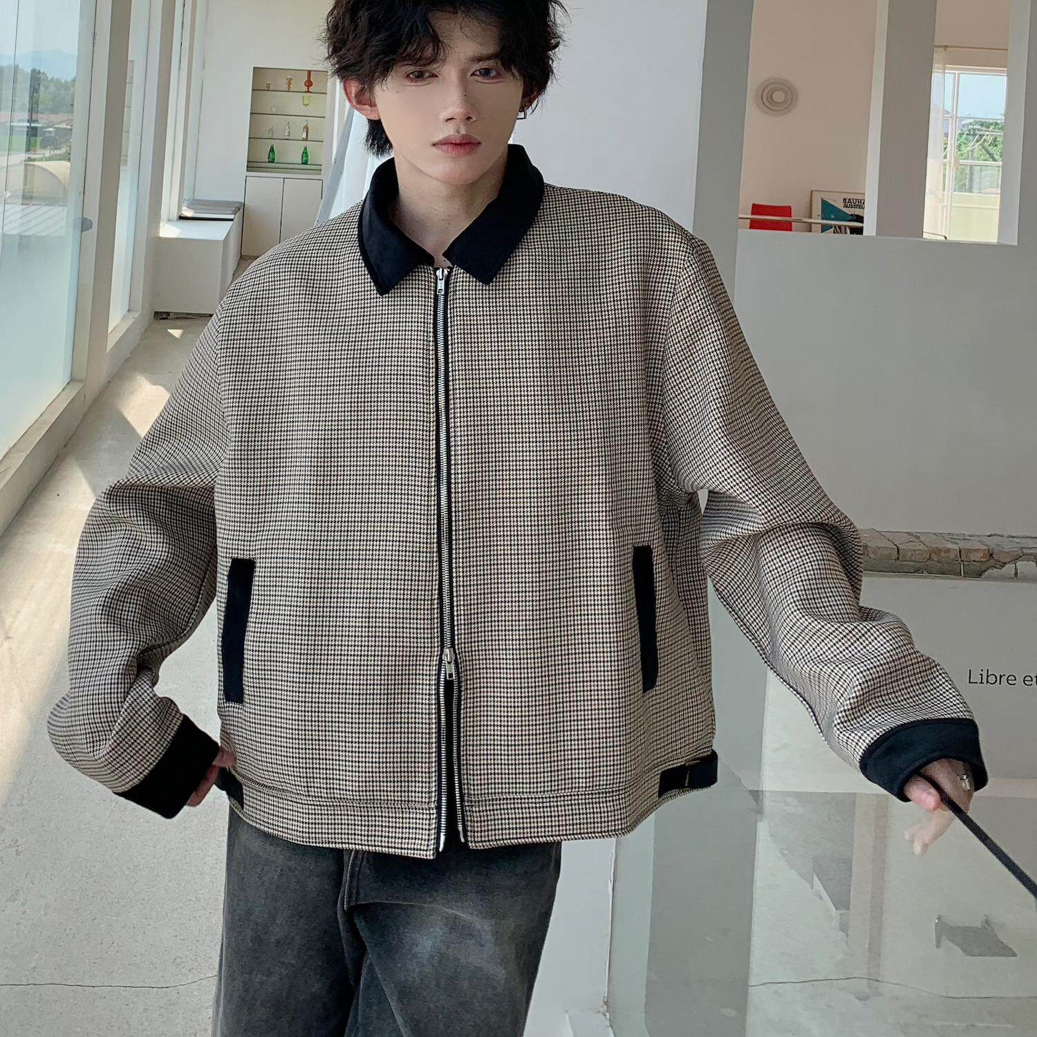 C316JKXL001P98特秋装新款短款外套夹克衫格子拼接松弛感男,男装夹克,电商C316