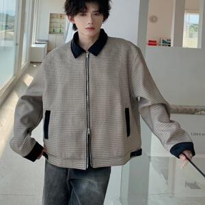 C316JKXL001P98特秋装新款短款外套夹克衫格子拼接松弛感男,秋装时尚简约穿搭图片