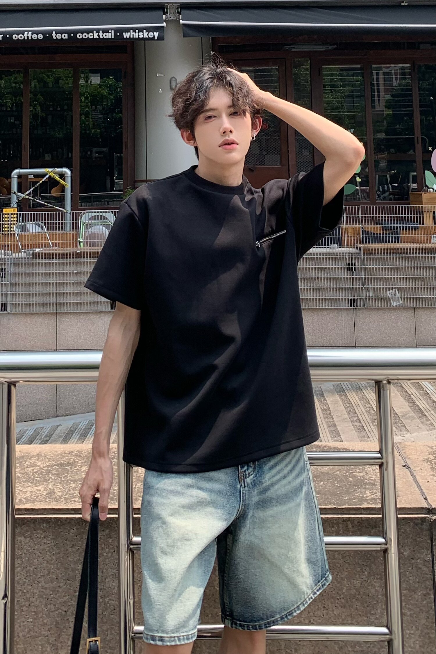 C316DX89P4868夏装新款短袖T恤拉链时尚潮黑色tee个性男,男装T恤,电商C316