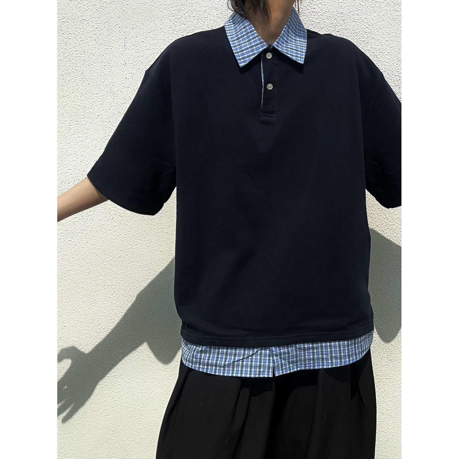 C316T8133P48夏装新款短袖T恤拼接撞色tee时尚polo衫蓝色格,男装T恤,电商C316