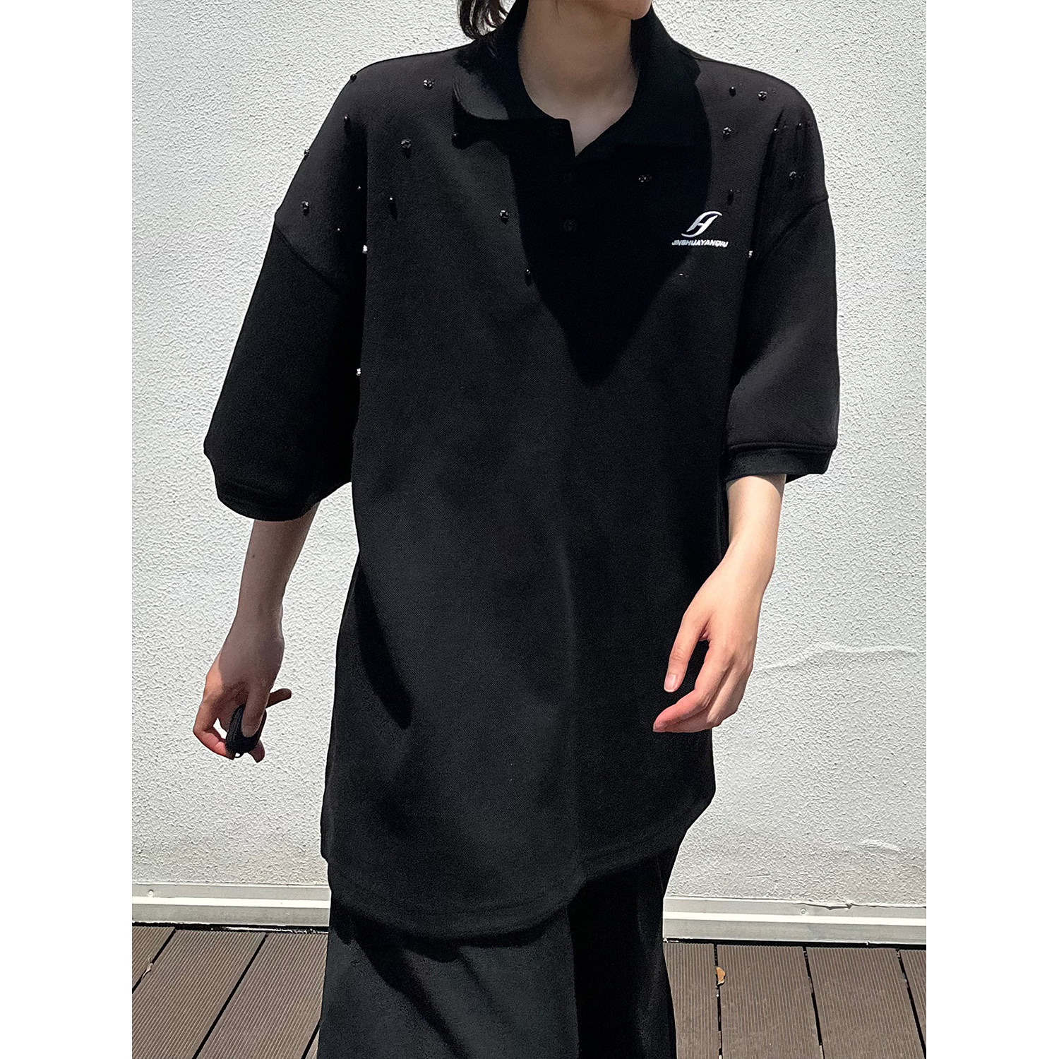 C316T8159P58夏装新款钉珠个性polo衫宽松时尚短袖T恤黑色松弛,男装Polo衫,电商C316
