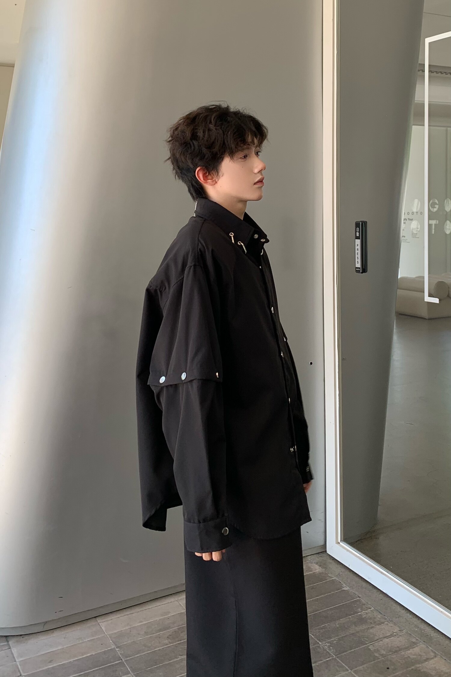 C316CS1219P78秋装新款长袖衬衫时尚百搭黑色金属拼接个性衬衣,男装衬衫,电商C316