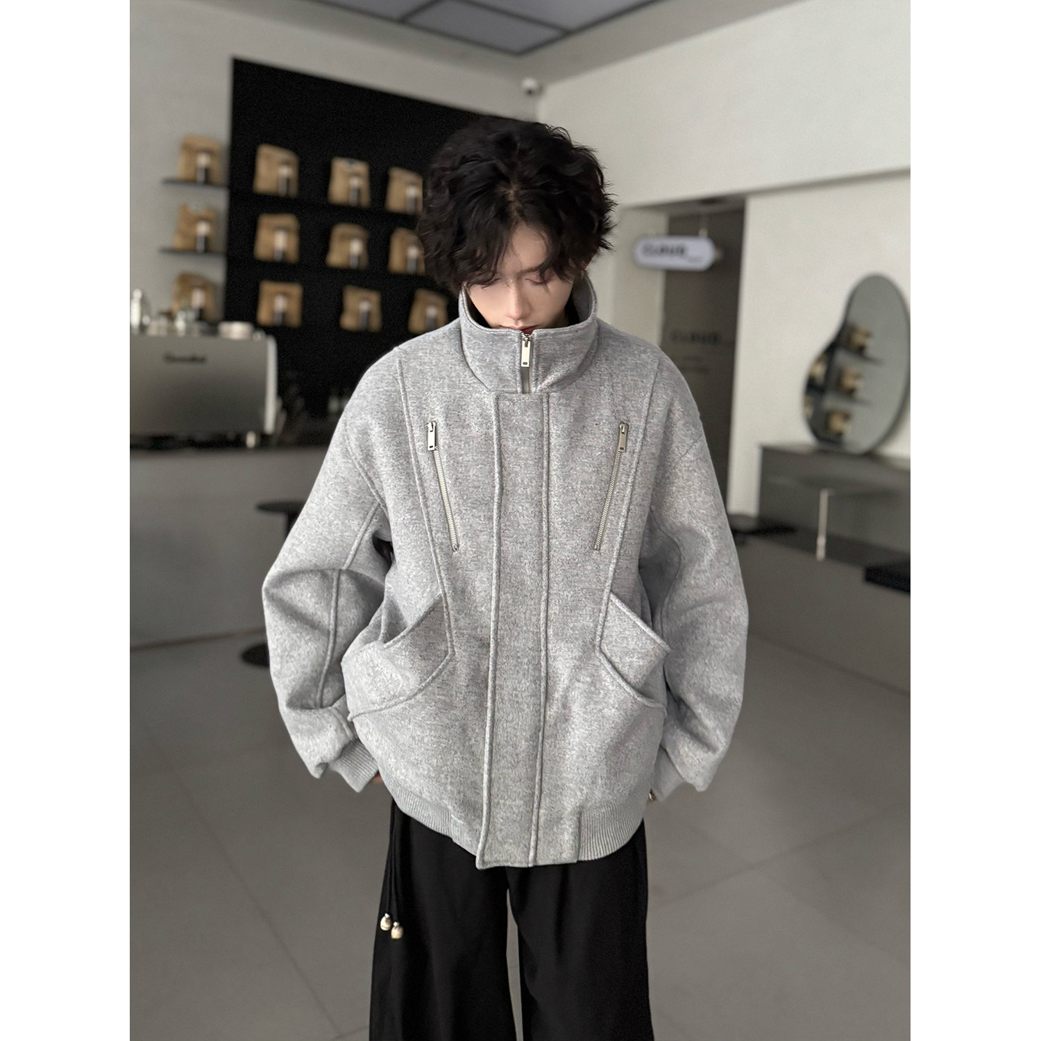 C316WT1056P128冬装新款加棉短款外套时尚呢子内里加厚棉衣灰,男装棉衣,电商C316