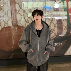 灰色毛呢卫衣外套男款冬季加厚高级感美式复古大帽子夹克oversize图片
