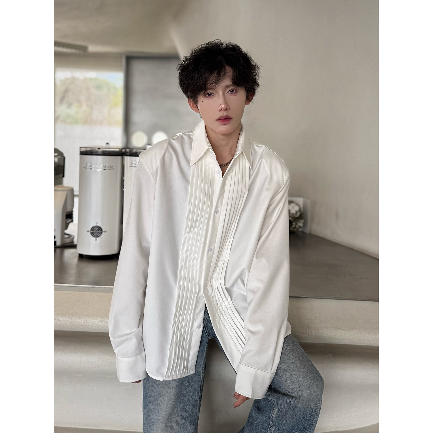 人夫感穿搭白色垫肩衬衫高级感痞帅秋法式男模发型师长袖衬衣外套，男装衬衫，电商C316