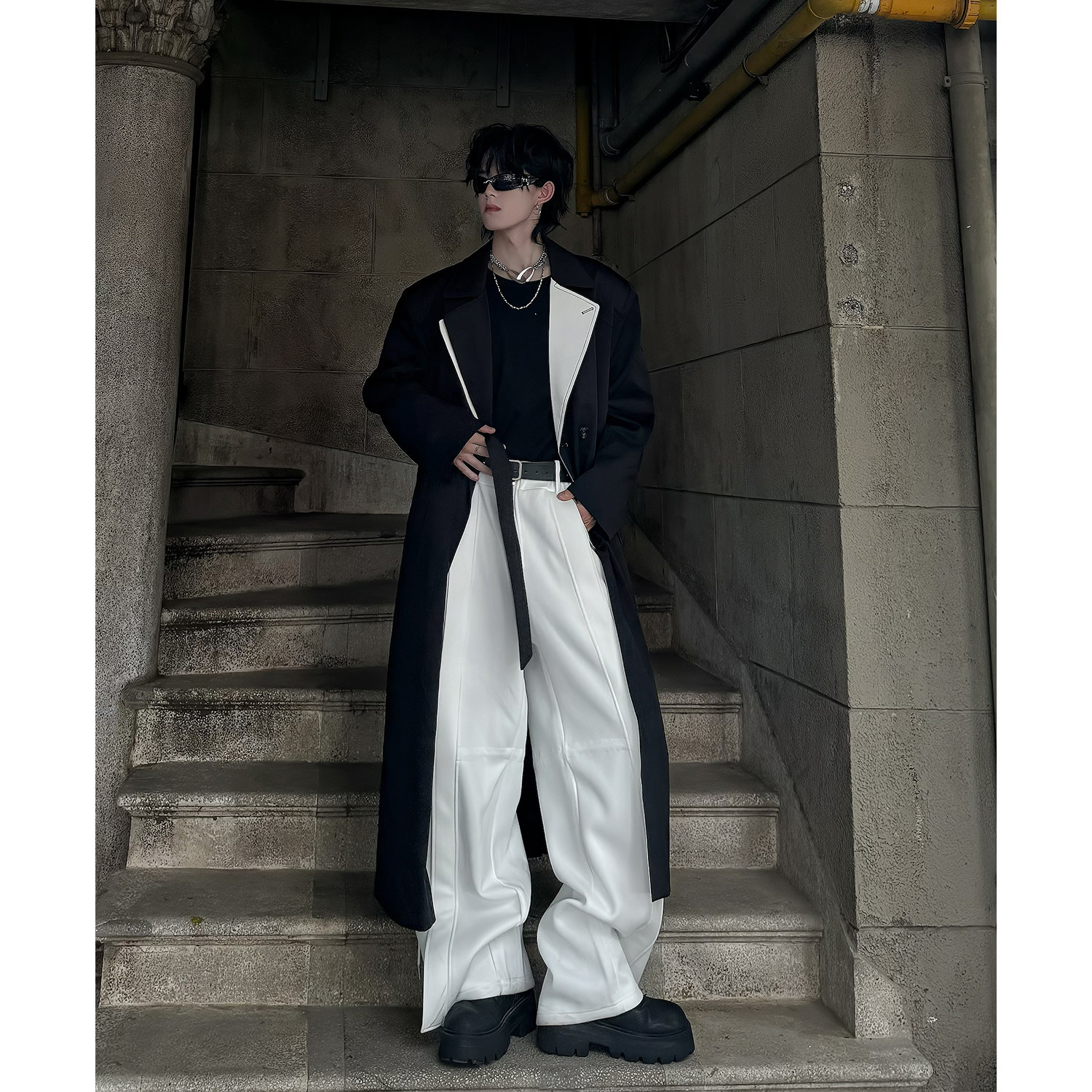 C316FY1988P138秋冬新款黑白拼色个性雅痞长款风衣外套时尚,男装风衣,电商C316