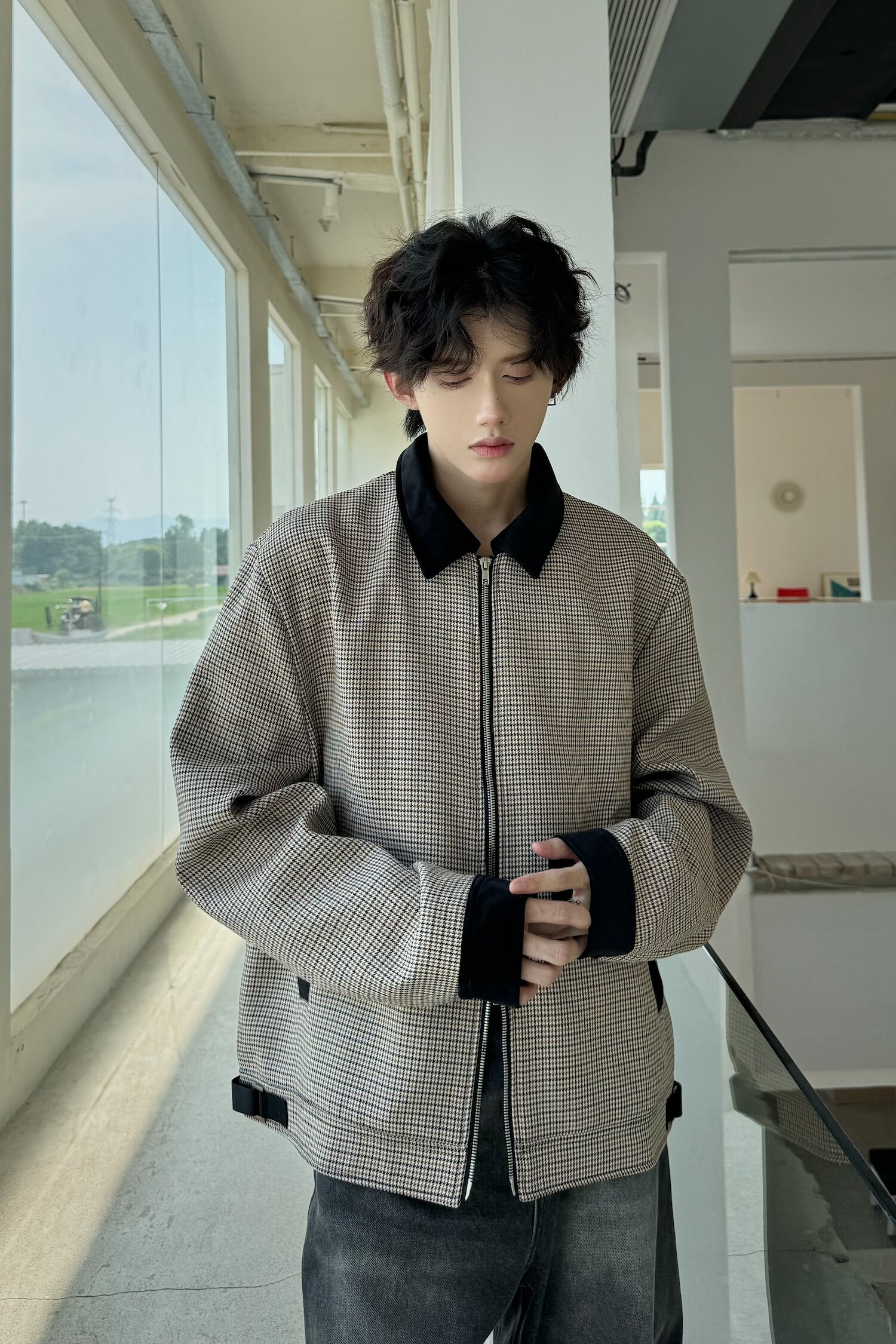 C316JKXL001P98特秋装新款短款外套夹克衫格子拼接松弛感男,男装夹克,电商C316