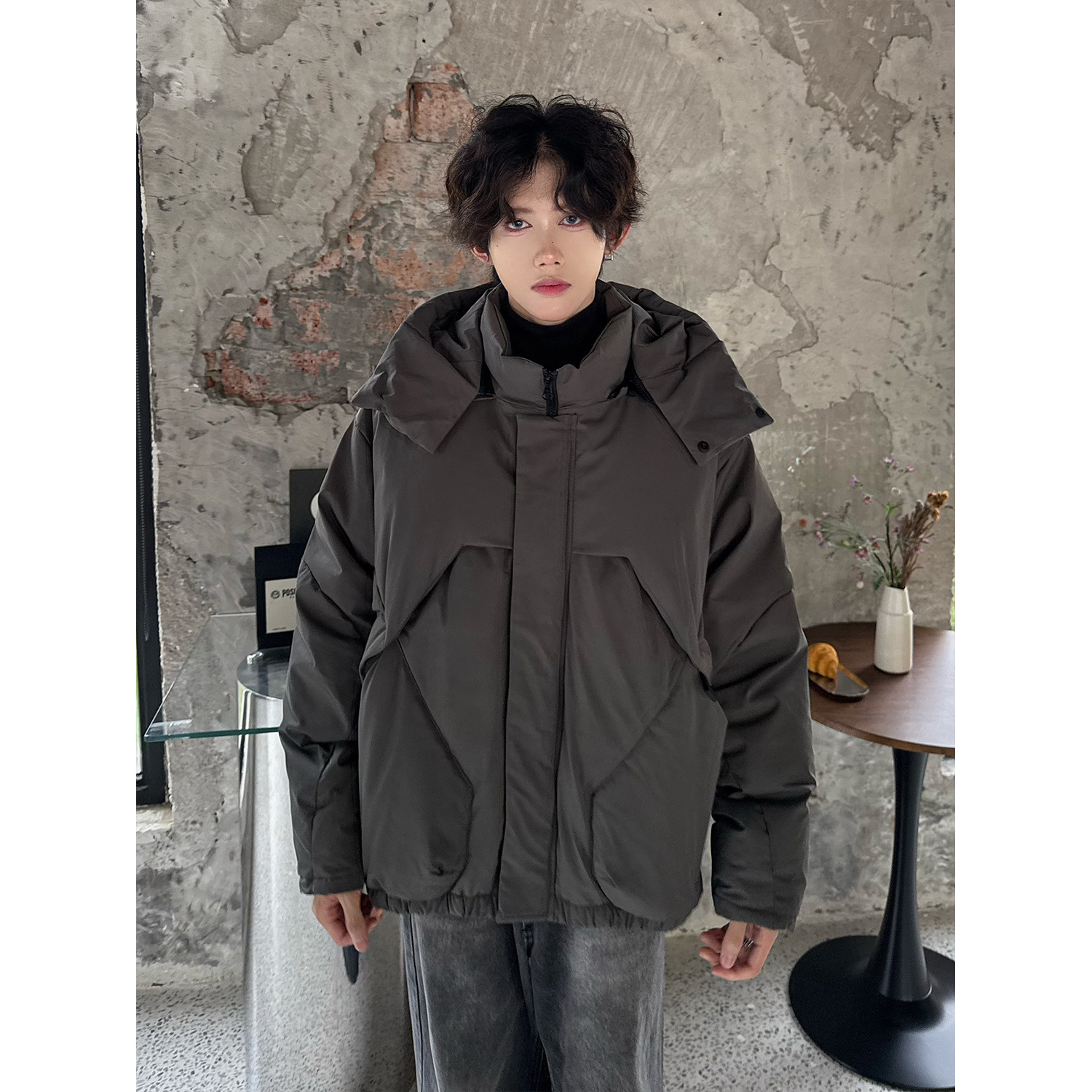 美式拼接小众棉服男冬季加厚保暖连帽外套高级感解构衍缝棉衣袄子图片