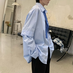 C316 CS1238 P78秋装新款长袖衬衫拼接设计感衬衣时尚百搭浅蓝色图片